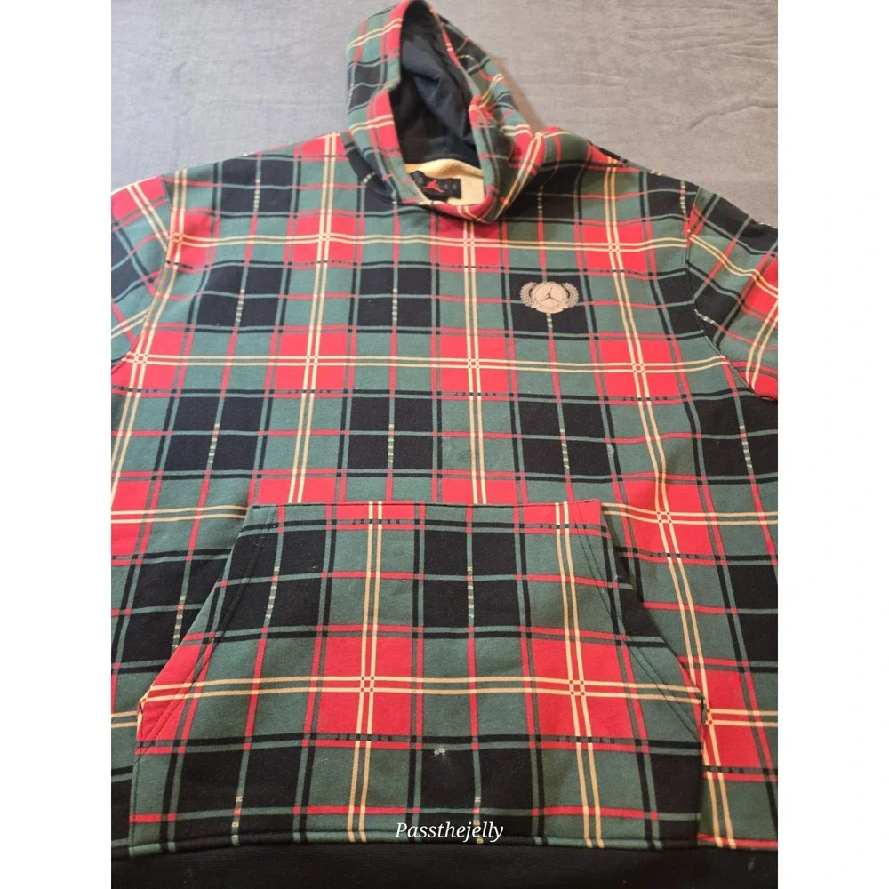 NIKE Jordan Essentials Fleece Pullover Hoodie Men XL Green Red Plaid '85 Jumpman